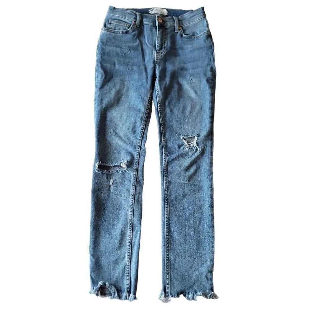 Free people womens Sz W 25 blue distressed raw hem skinny jeans